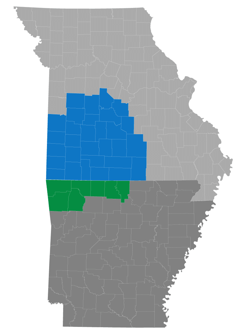 Big Bear Shredding Service Area Map showing the counties in Missouri in Blue and Arkansas in Green